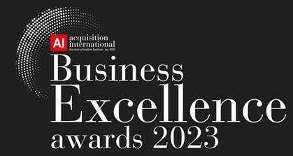The logo for the business excellence awards 2023 is black and white.