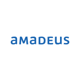 The logo for amadeus is blue and white on a white background.