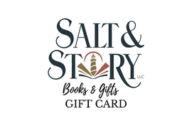 Salt & Story gift card logo with a lighthouse graphic within an open book, over a white background.