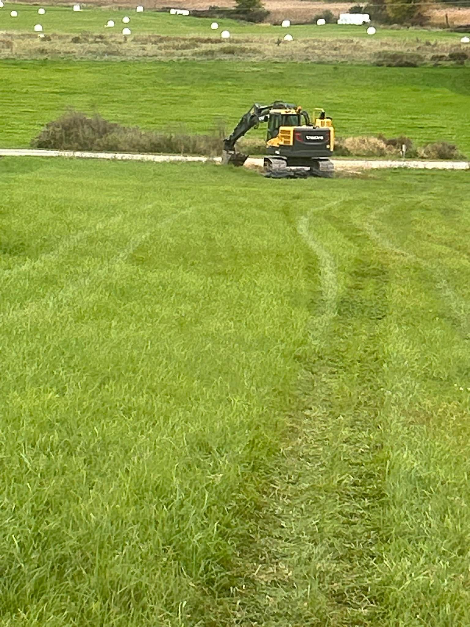 A yellow excavator is cutting grass in a field.