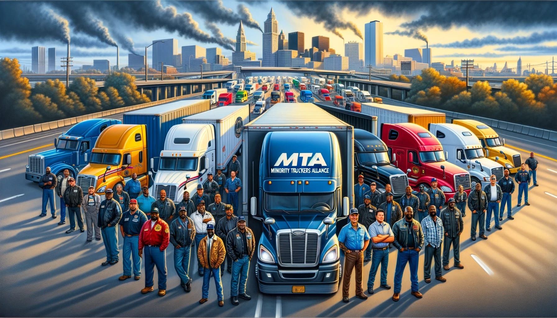 A group of men standing in front of a mta truck