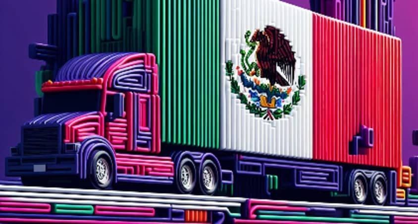 A neon truck with a mexican flag on the back is driving down a highway.
