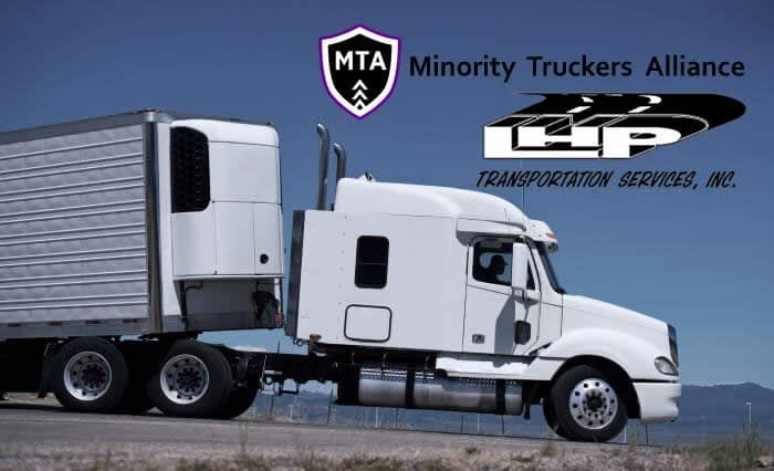 A white semi truck is driving down a road next to a logo for minority truckers alliance