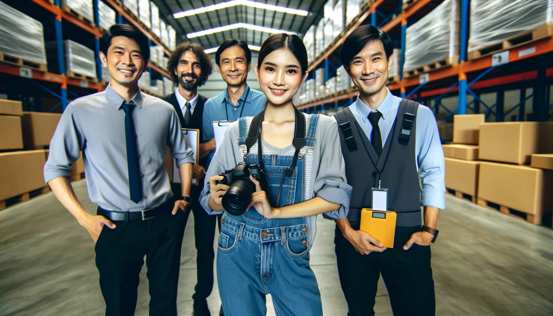 A group of people are standing in a warehouse.