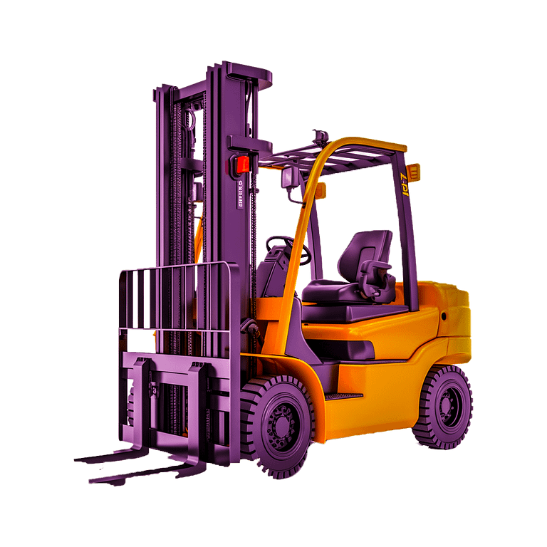 A purple and yellow forklift on a white background.