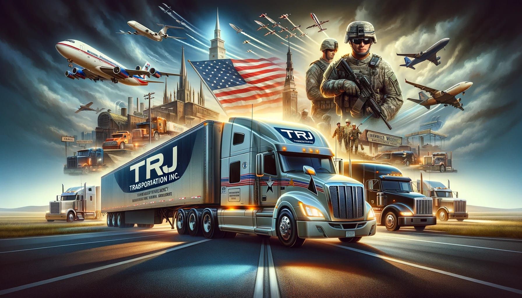 A truck is driving down a highway with planes and soldiers in the background.