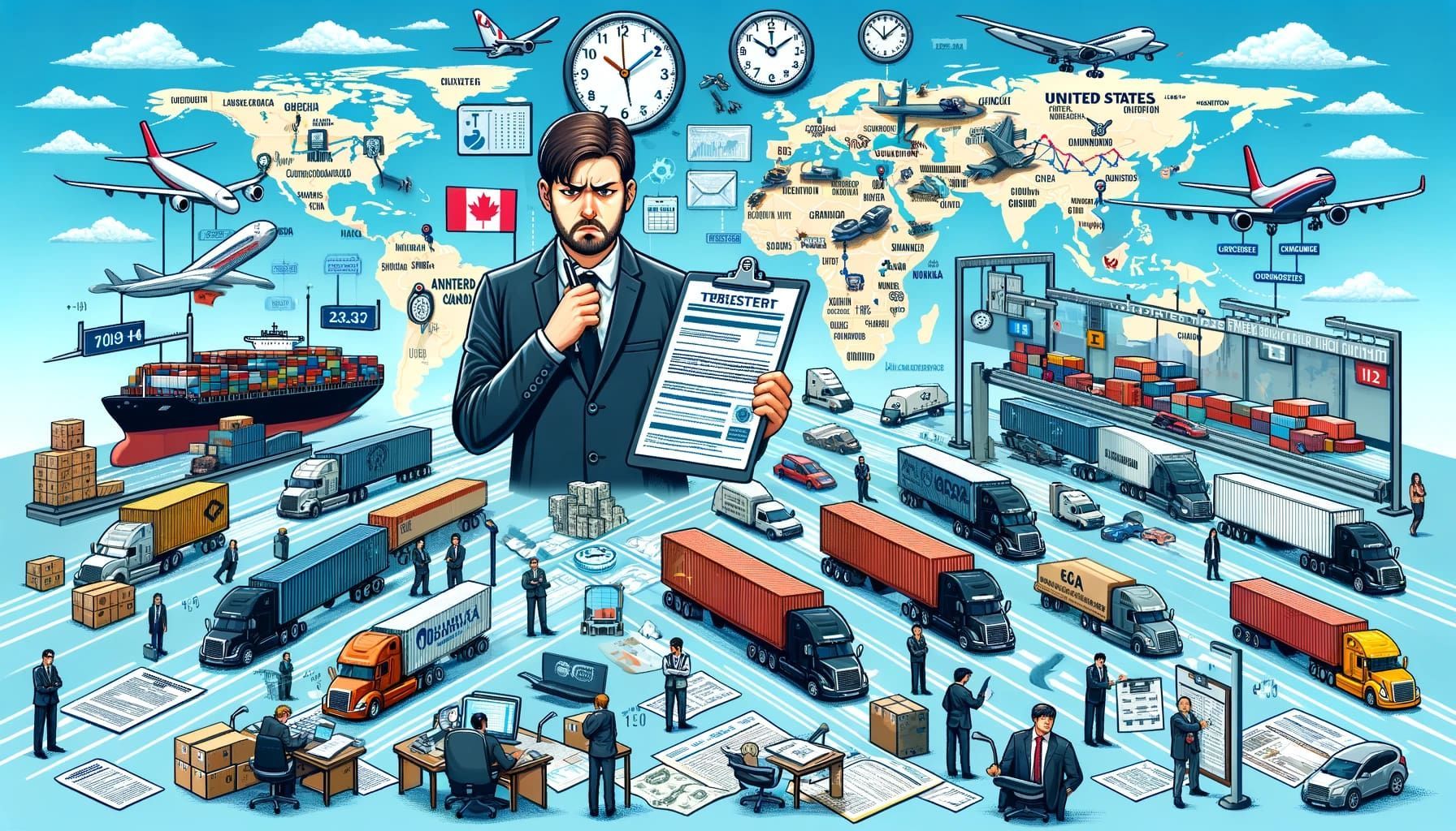 A man is holding a clipboard in front of a map of the world surrounded by trucks and planes.
