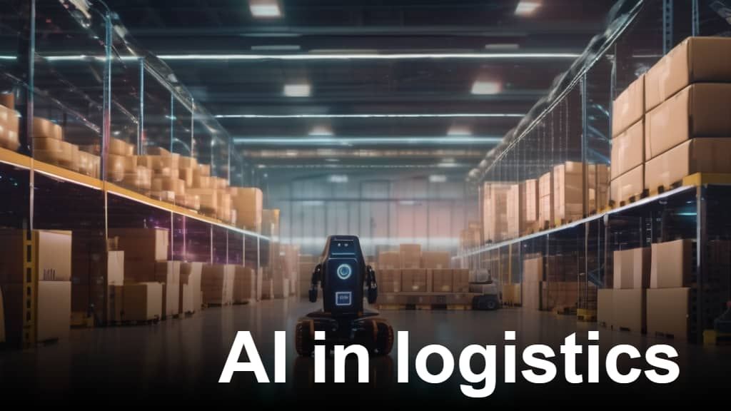 A robot is driving through a warehouse filled with boxes.