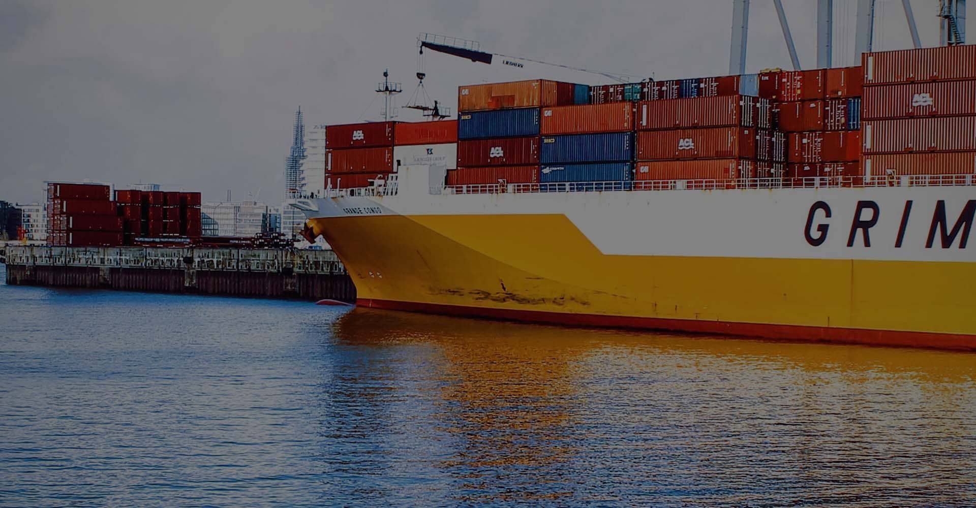 A large container ship is docked in a harbor.