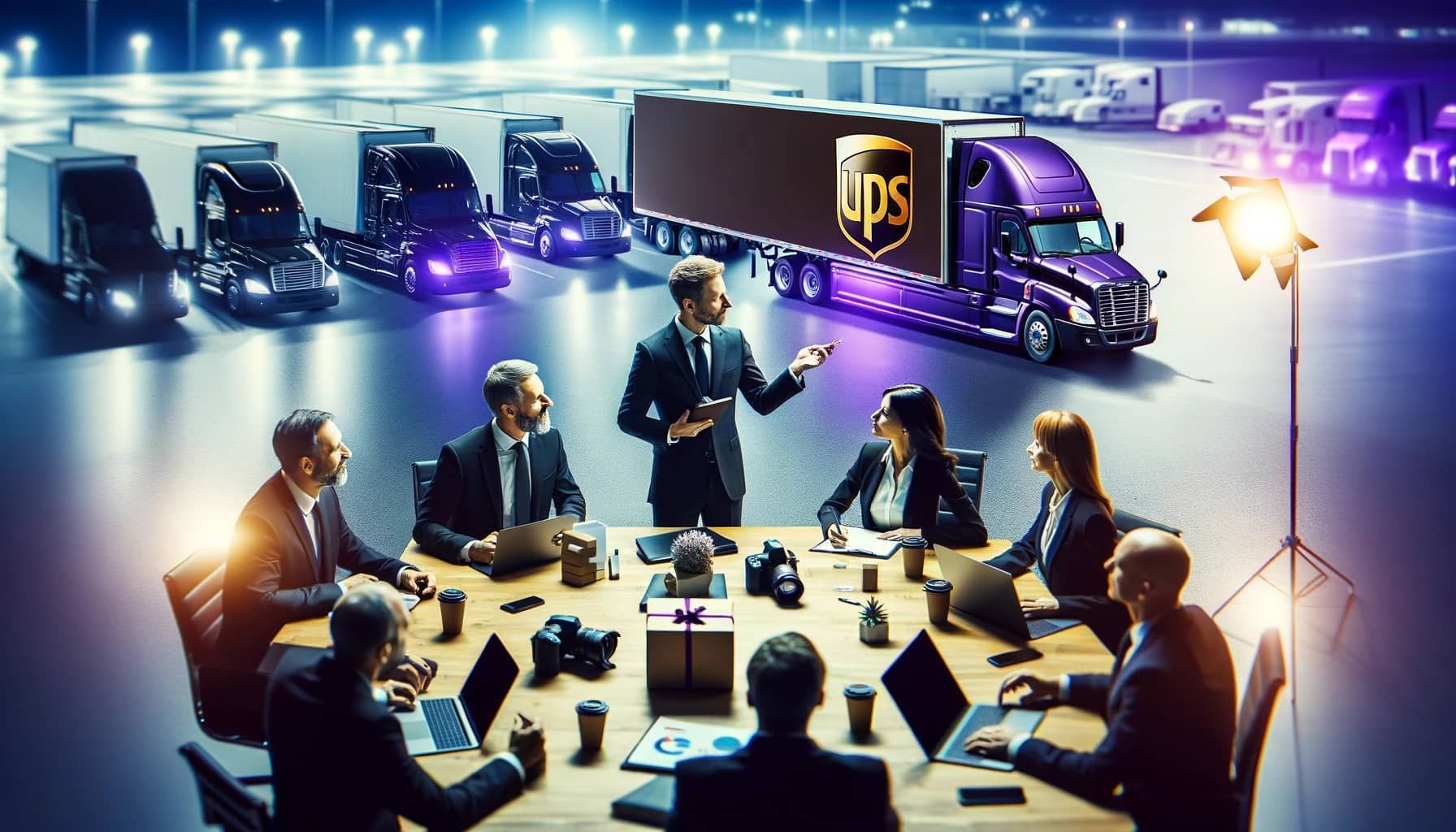 A group of people are sitting around a table with a purple ups truck in the background.