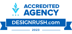 Accredited Digital Marketing Agency  A logo for an accredited agency with a blue ribbon.