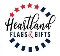 A logo for heartland flags and gifts , a company that sells flags and gifts.