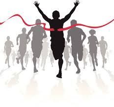 Front of the Line SEO. A man is crossing the finish line of a race with his arms in the air.