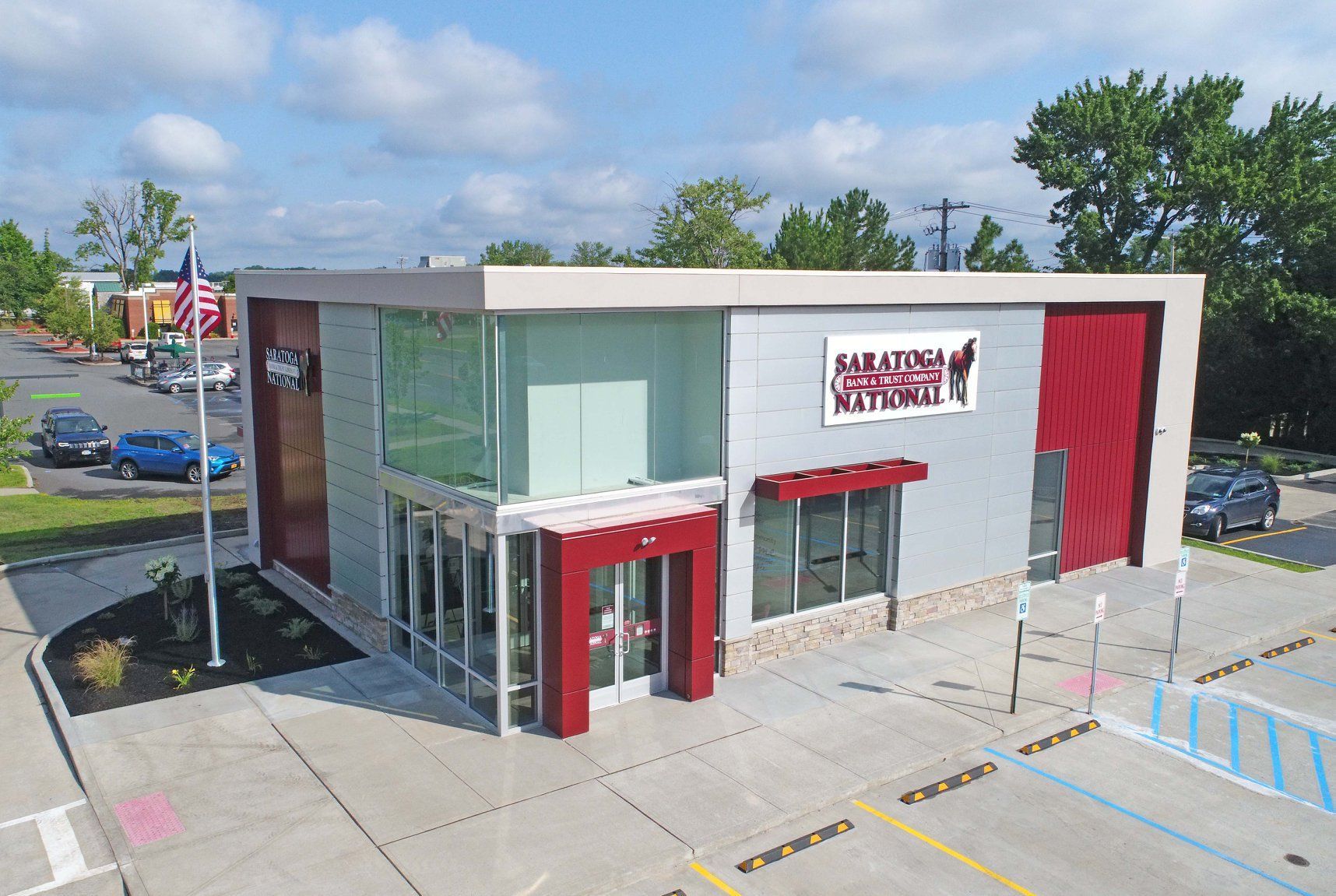 An aerial view of a building with the word national on it