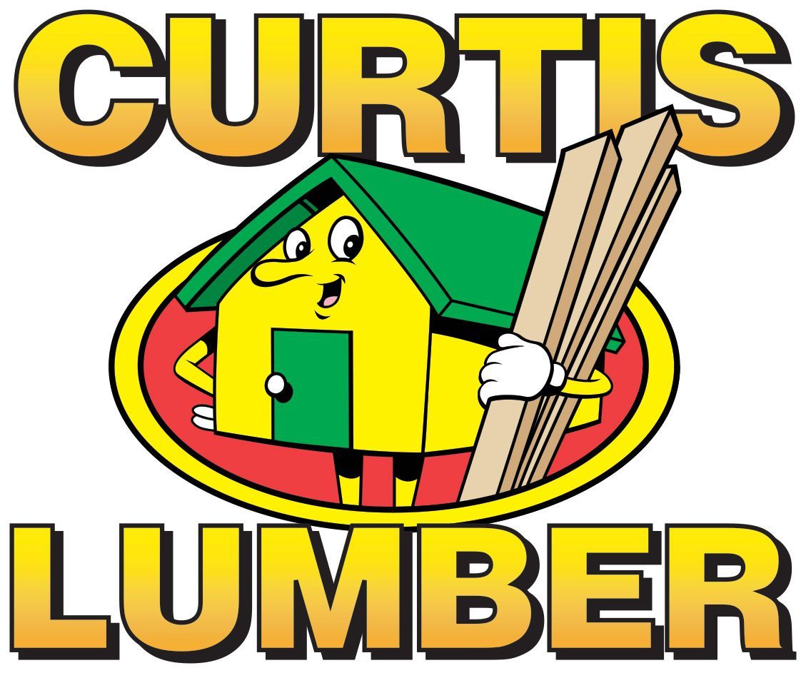 A logo for curtis lumber with a cartoon house