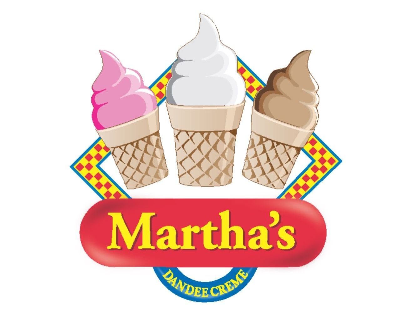 A logo for martha 's ice cream with three ice cream cones