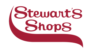 The logo for stewart 's shops is red and white