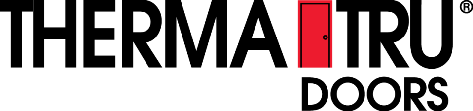 The logo for therma tru doors is black and red on a white background.