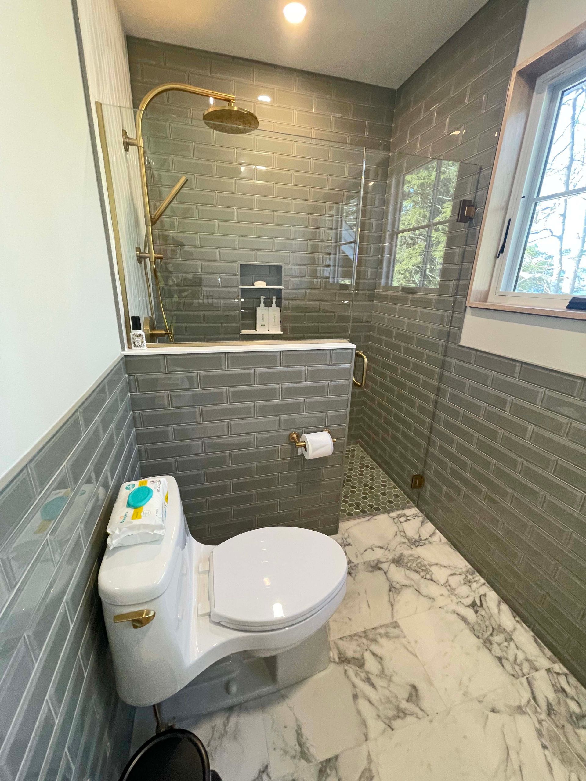 A bathroom with a toilet , shower and window.
