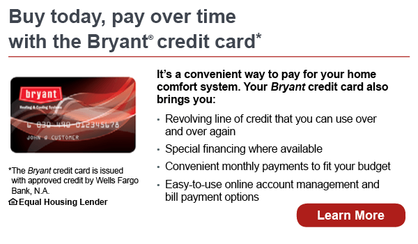 Advertisement for a Bryant credit card, featuring the card design and highlighting benefits like special financing and online account management.