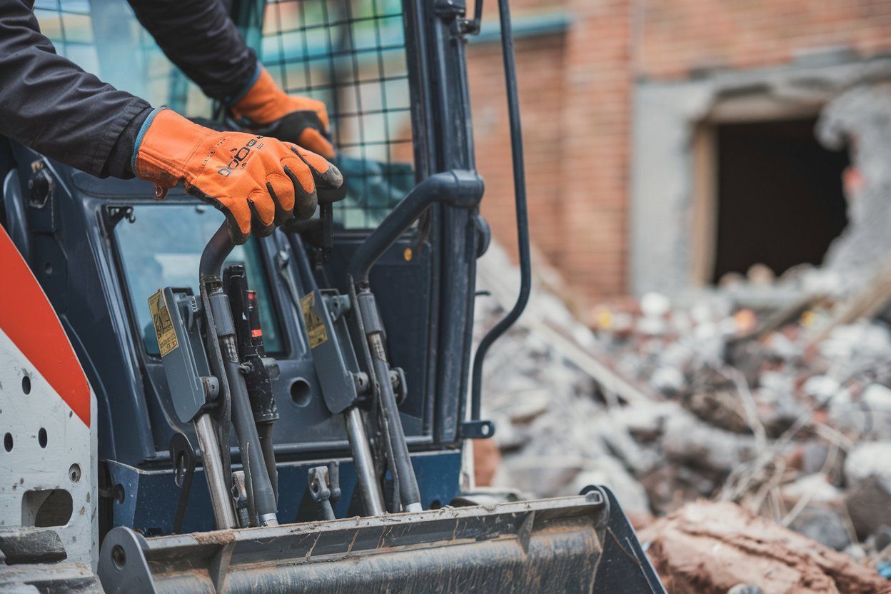 A bulldozer is demolishing a building with a large bucket.