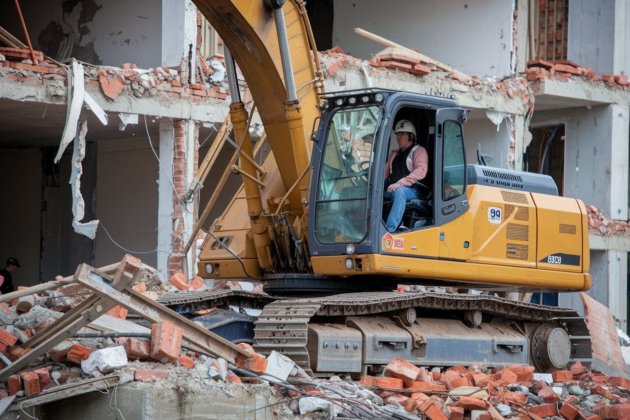A large yellow excavator is demolishing a building.