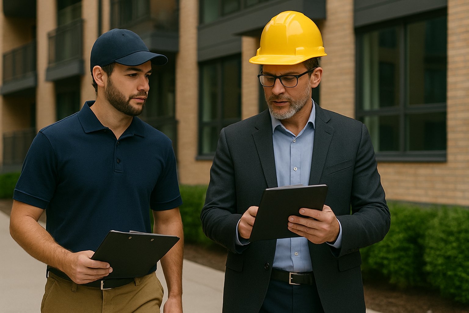 A man and a woman are standing next to each other looking at a tablet.