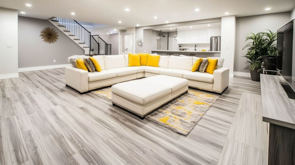 A modern, bright basement living room featuring a large white sectional sofa with yellow pillows, light wood floors, and a bar.