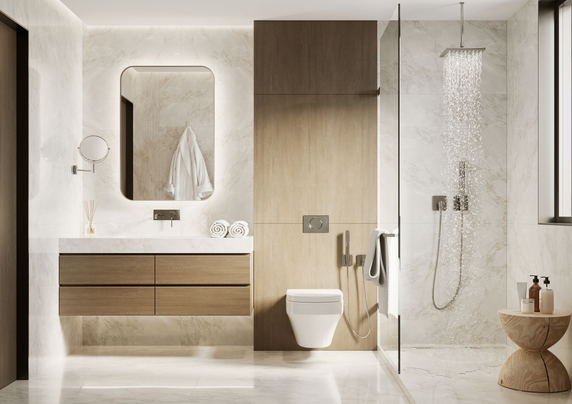 A modern bathroom featuring a floating wooden vanity with a backlit mirror, a wall-mounted toilet, and a glass-enclosed shower.