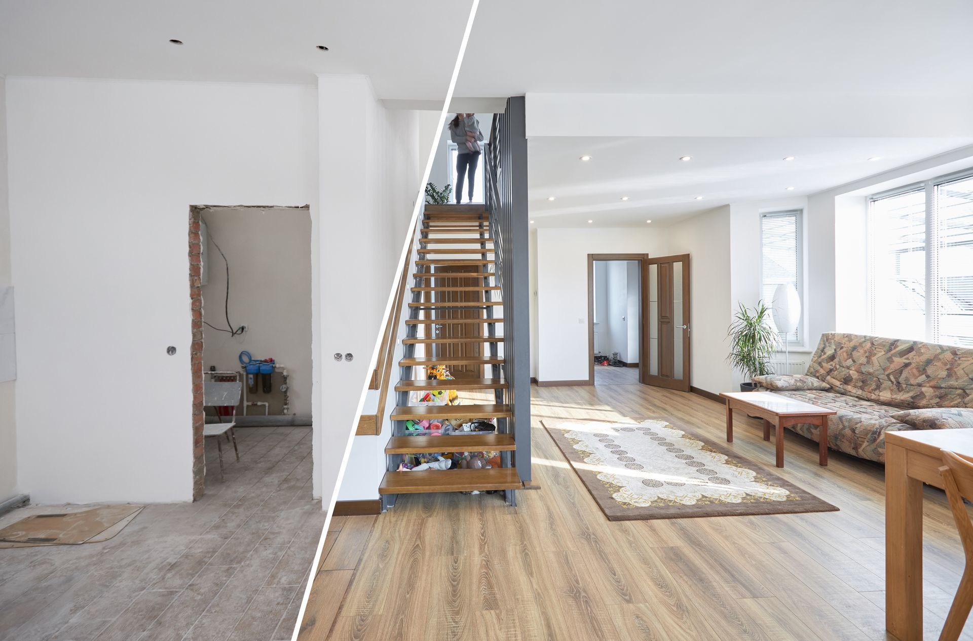 A split-view shot comparing a room before and after renovation, showing a living area with a new wooden staircase.