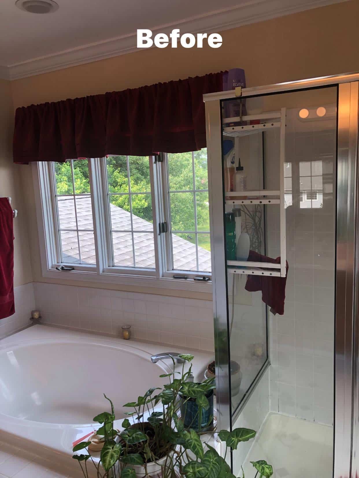 A bathroom features a soaking tub, a shower stall, and a window with a dark red valance. A potted plant sits in the front.