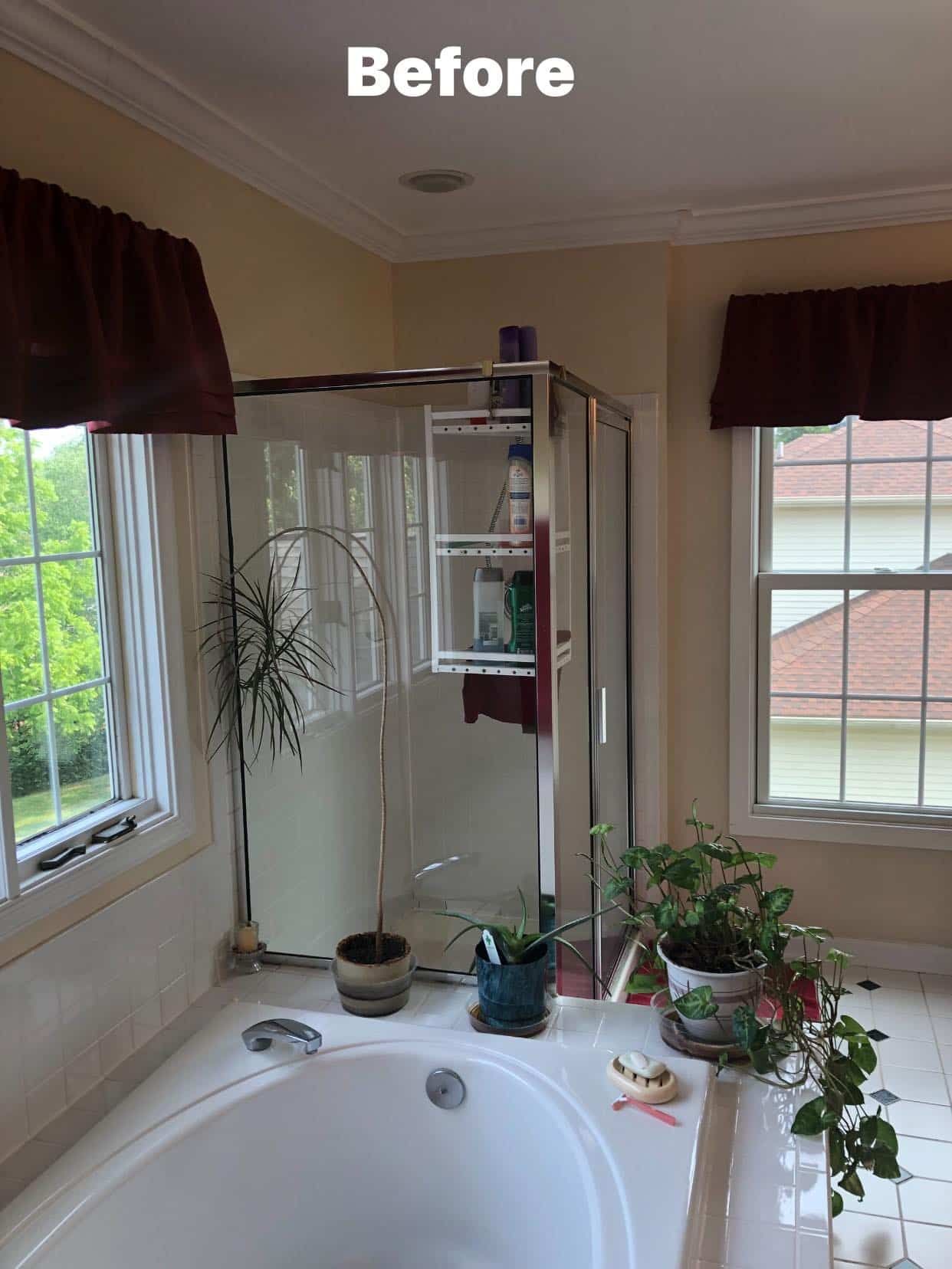 A bathroom with a soaking tub, glass-enclosed shower, multiple potted plants, and burgundy window valances.