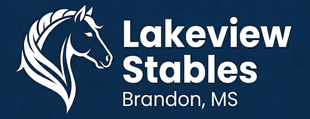 Logo for Lakeview Stables in Brandon, MS, featuring a white line-art horse head on a dark blue background.