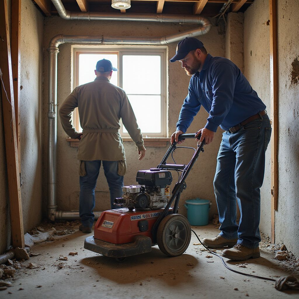 Two construction workers in a basement. One operates a floor grinder, the other observes by the window.