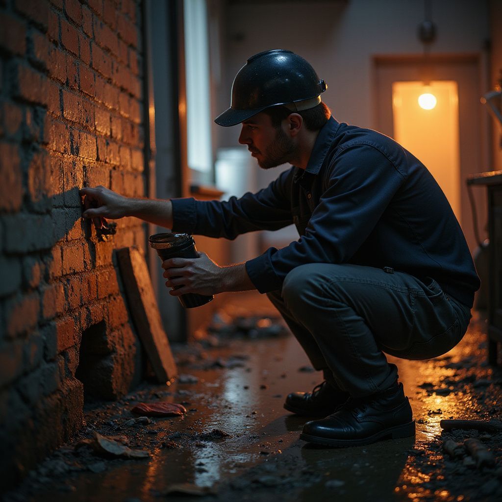 Man in hard hat crouches, working on brick wall with a tool. Interior with dim lighting and debris.