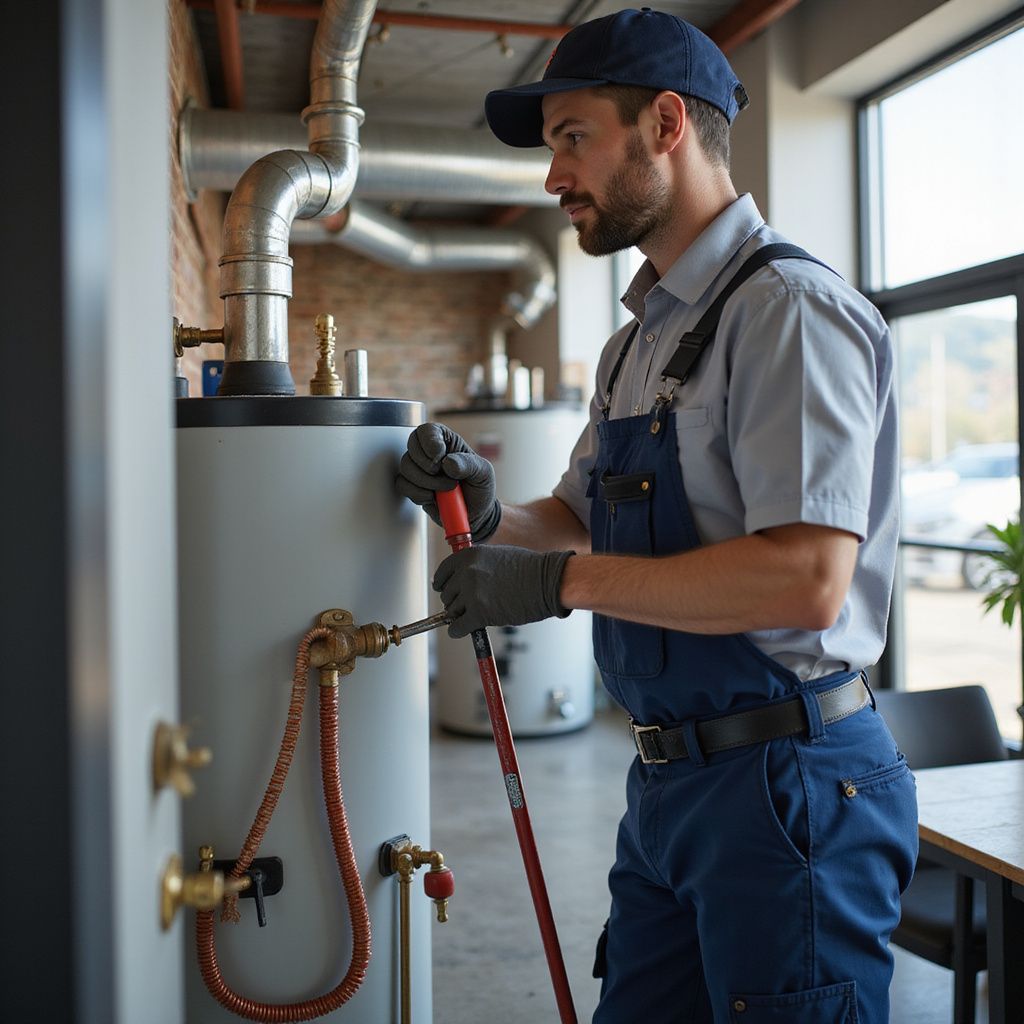 Man in overalls repairs a water heater in an office.