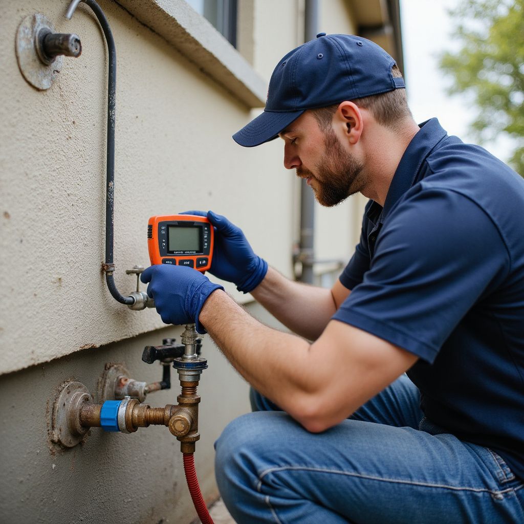 Man in a blue cap and gloves tests a pipe outdoors with an orange device.