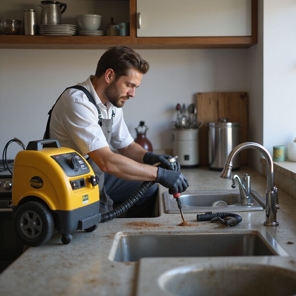 Man cleaning a kitchen countertop with a steam cleaner. Yellow machine, dark gloves, sink in background.