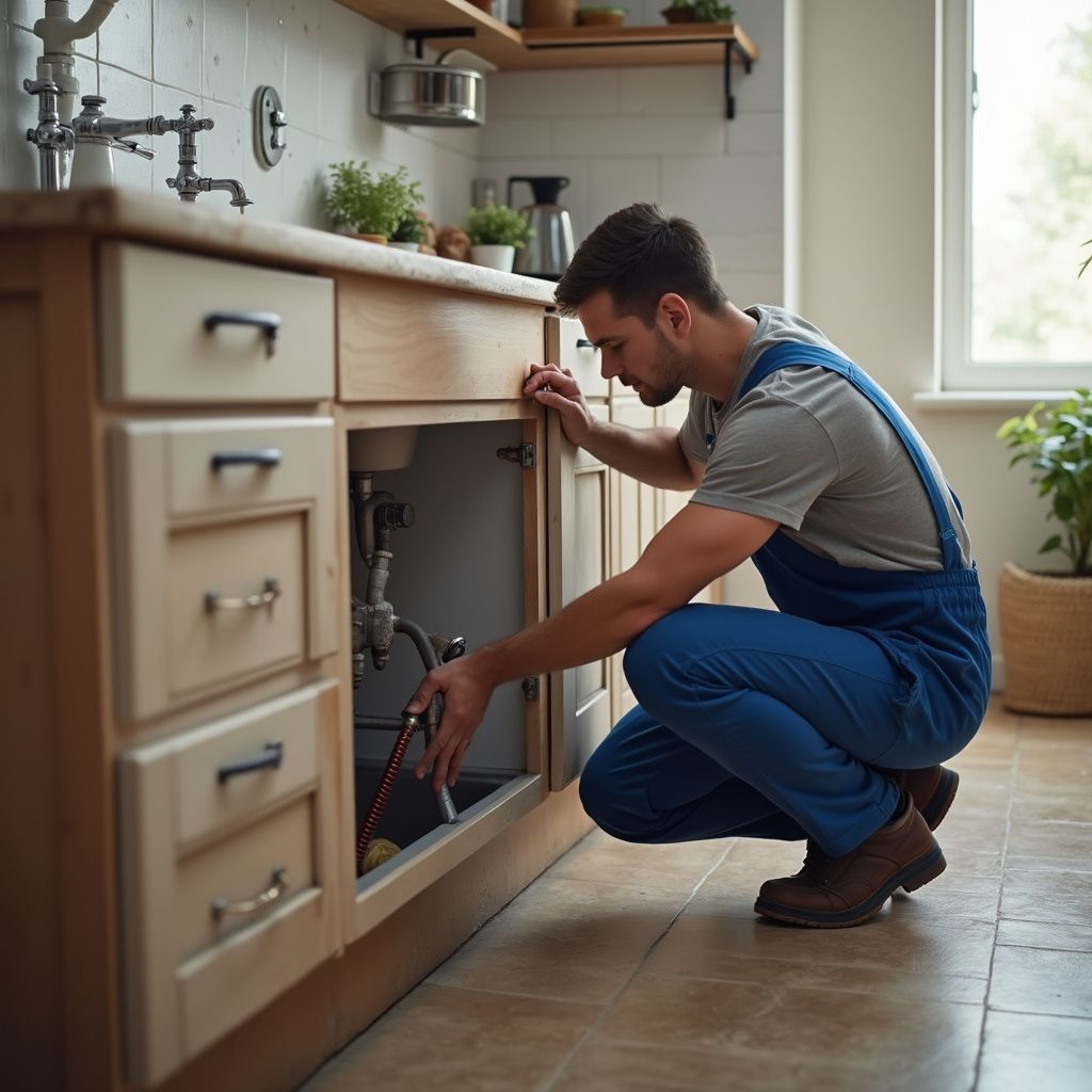 Plumber in blue overalls inspecting under kitchen sink. Brown cabinets, light background.