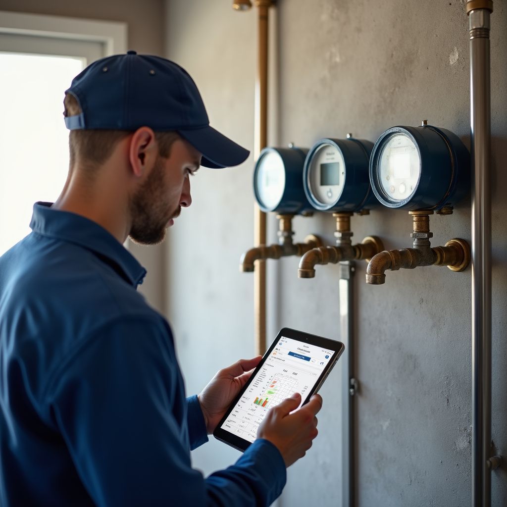 A man in blue overalls uses a tablet to monitor water meters mounted on a wall.