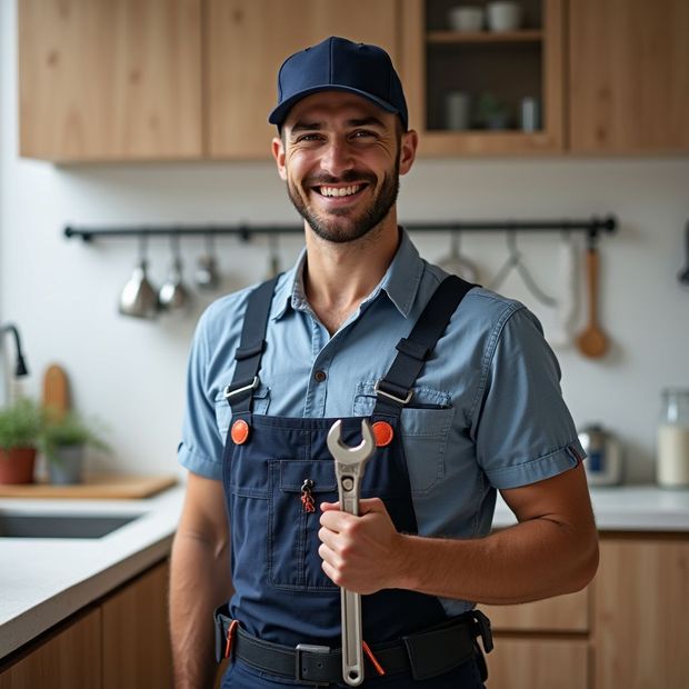 Smiling handyman in blue overalls holding a wrench, standing in a kitchen.