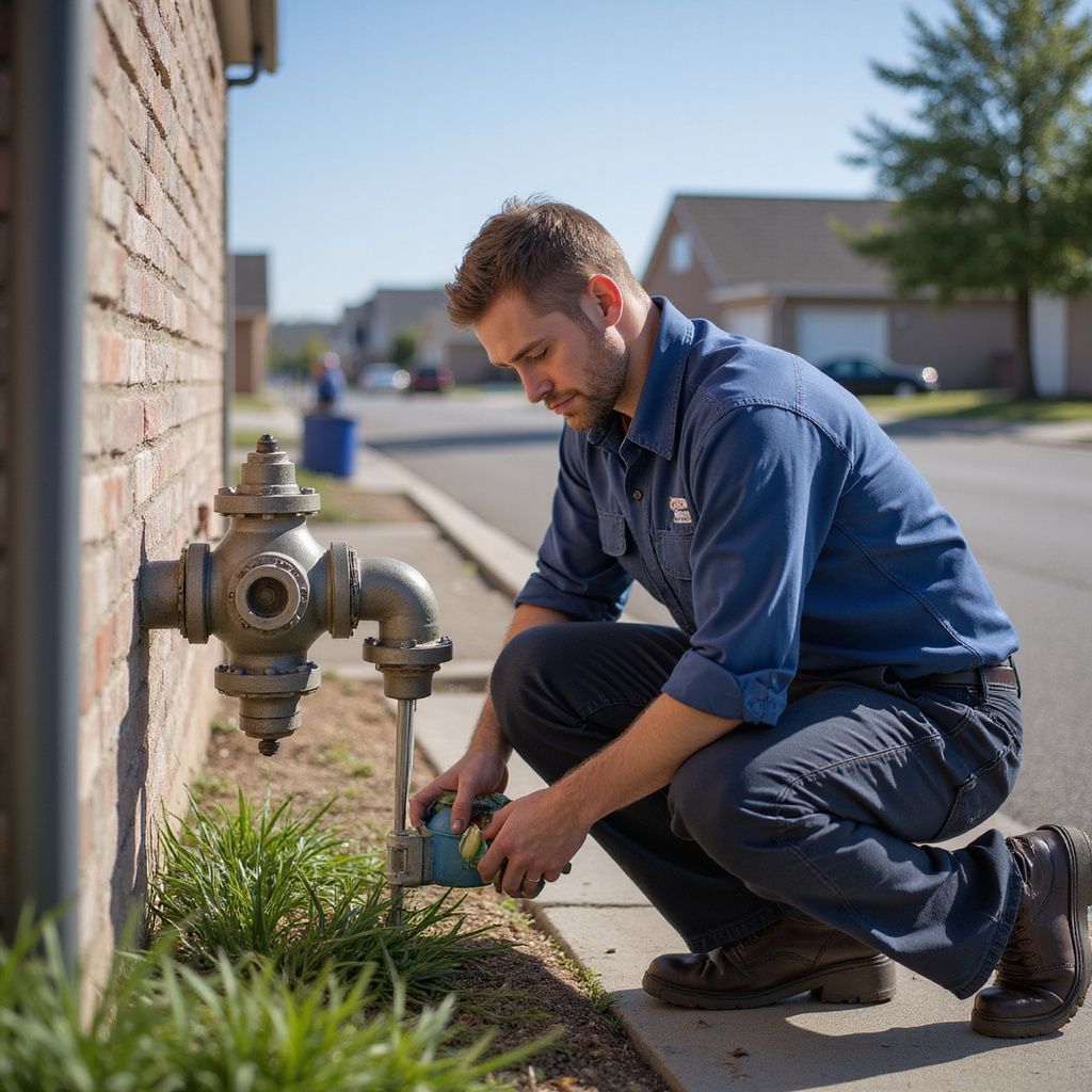 Man in blue uniform working on a fire hydrant next to a brick building in a residential area.