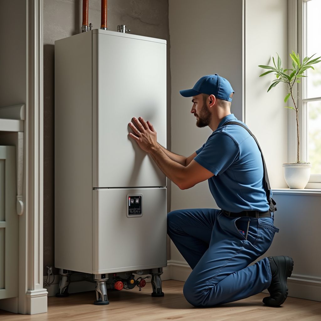 A plumber kneels to inspect a white heating unit in a home, hands on the unit, wearing blue uniform.