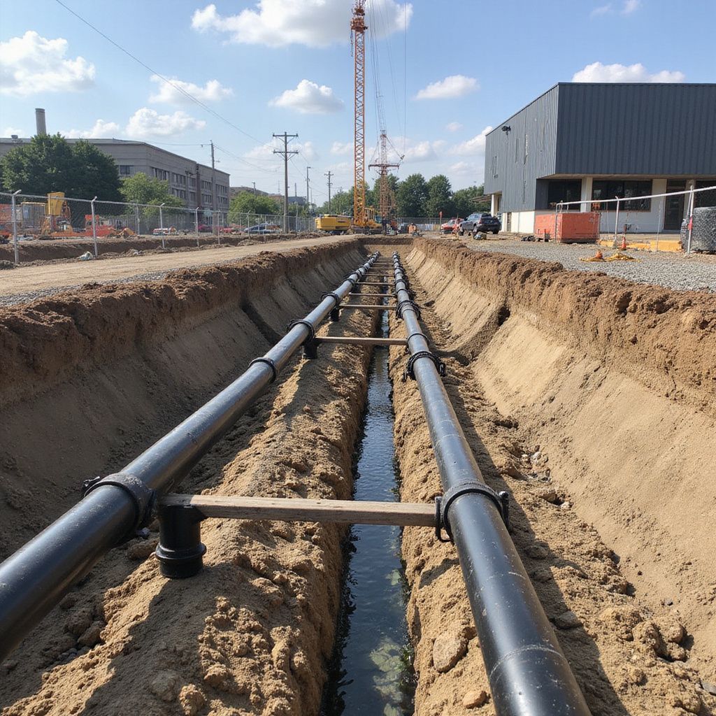 Construction site with black pipes in trenches, crane in background, sunny day.