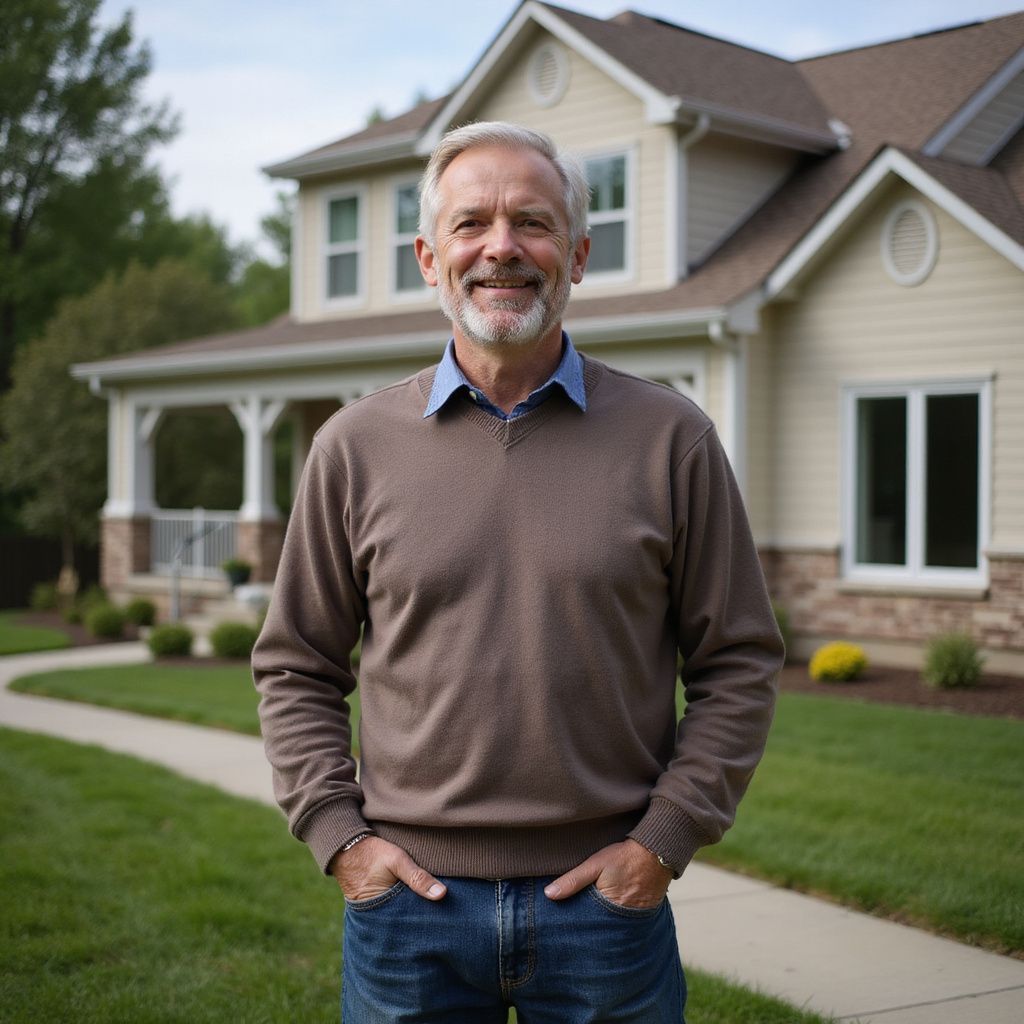 Mature man smiling, standing in front of a suburban house, hands in pockets, wearing jeans and a brown sweater.