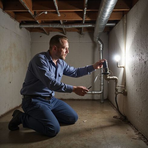 A man in a basement, examining plumbing. He kneels with a flashlight, pipes in the background.
