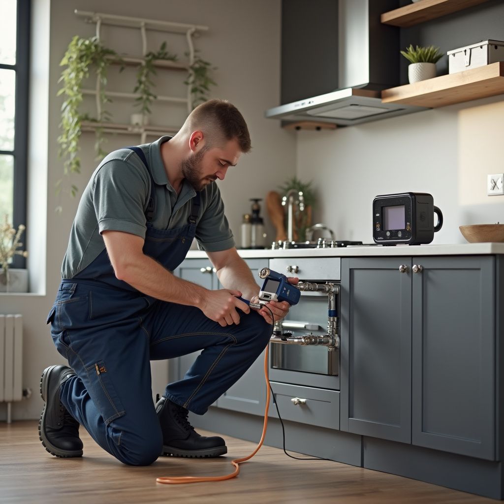 Plumber kneels in kitchen, connecting pipes. He wears overalls. There's a device on the counter and plants in the background.