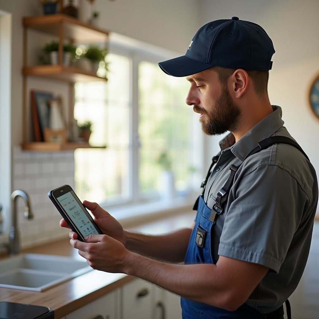 A man in work clothes looking at a tablet in a kitchen.