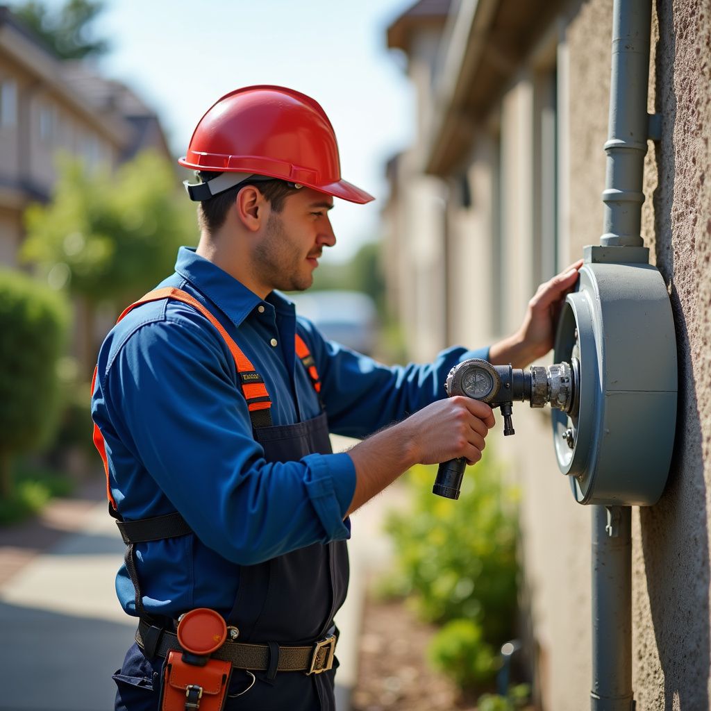 Electrician in blue uniform and red hardhat working on a wall-mounted electrical box outside a house.