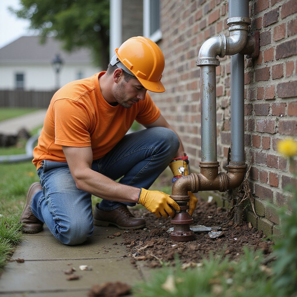 A man in an orange hard hat and shirt works on pipes outside a brick building.